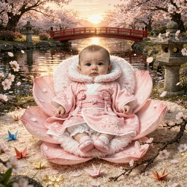 Baby in a pink kimono on a large cherry blossom in front of a red bridge (Theme: Cherry Blossom Dream)