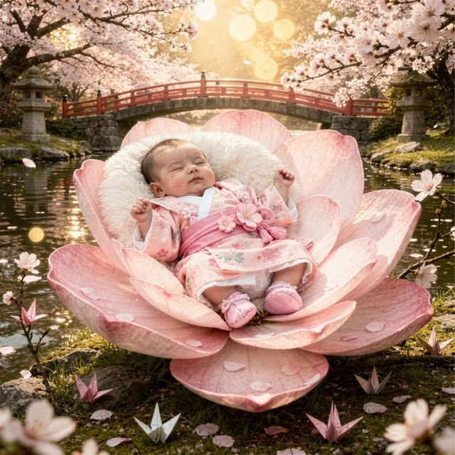 Sleeping baby in a pink kimono in a cherry blossom by a pond (Theme: Cherry Blossom Dream)
