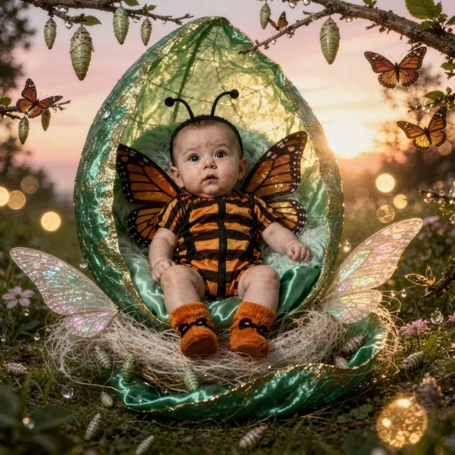 Baby in a butterfly costume in a shimmering green cocoon (Theme: Cocoon Metamorphosis)