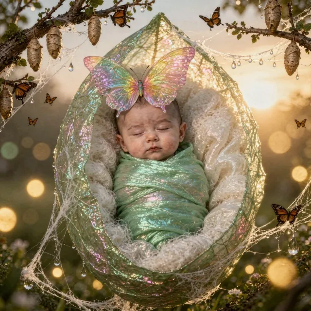 Sleeping baby wrapped in green with a butterfly on its head in a cocoon (Theme: Cocoon Metamorphosis)