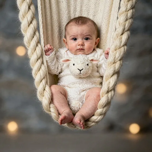 Baby in a lamb outfit in a knitted hammock (Theme: Cozy Knitted Nest)