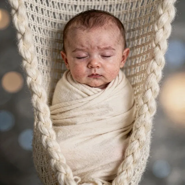Sleeping baby wrapped in a cream blanket in a knitted nest (Theme: Cozy Knitted Nest)