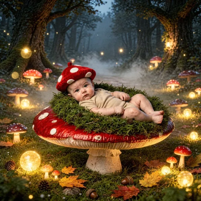 Baby with a toadstool hat on a large red mushroom in a fairy-tale forest (Theme: Enchanted Mushroom Forest)