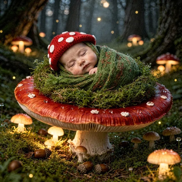 Sleeping baby wrapped in green on a toadstool with moss (Theme: Enchanted Mushroom Forest)