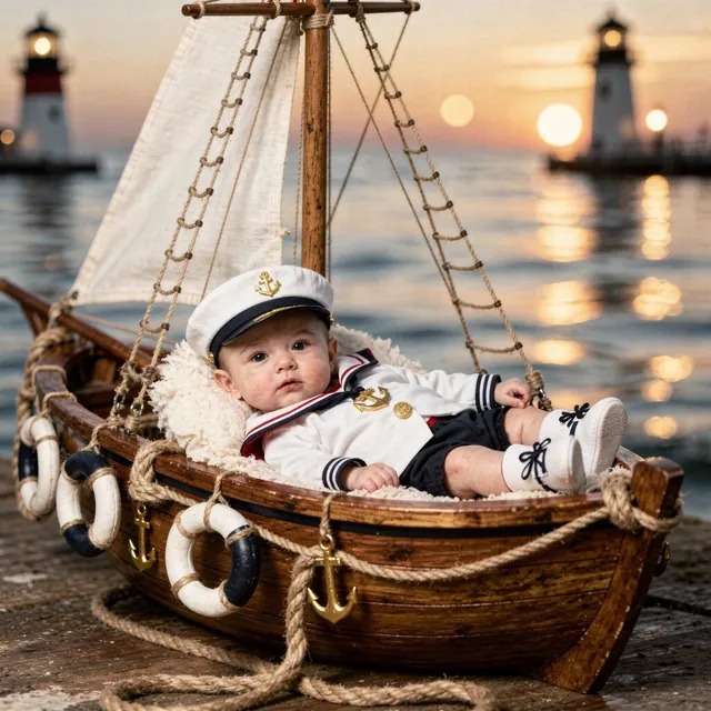 Baby in a sailor suit in a wooden boat in front of a lighthouse (Theme: Little Sailor)
