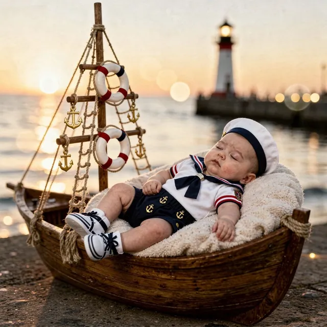 Sleeping baby in a sailor suit in a sailboat at sunset (Theme: Little Sailor)