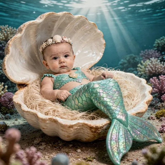 Baby in a mermaid costume in a seashell underwater (Theme: Mermaid Lagoon)