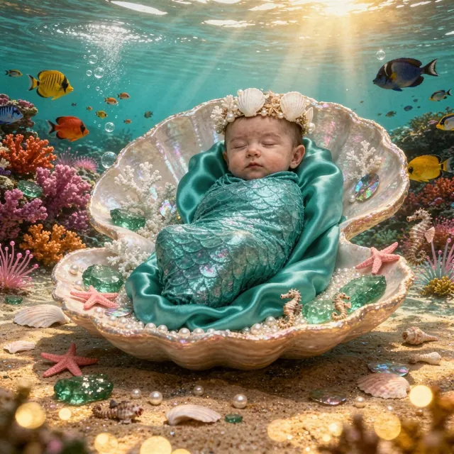 Sleeping baby wrapped in turquoise in a mother-of-pearl shell (Theme: Mermaid Lagoon)
