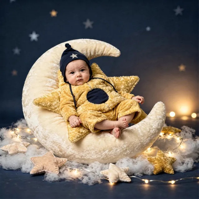 Baby in a yellow star costume on a crescent moon (Theme: Moon & Stars Classic)