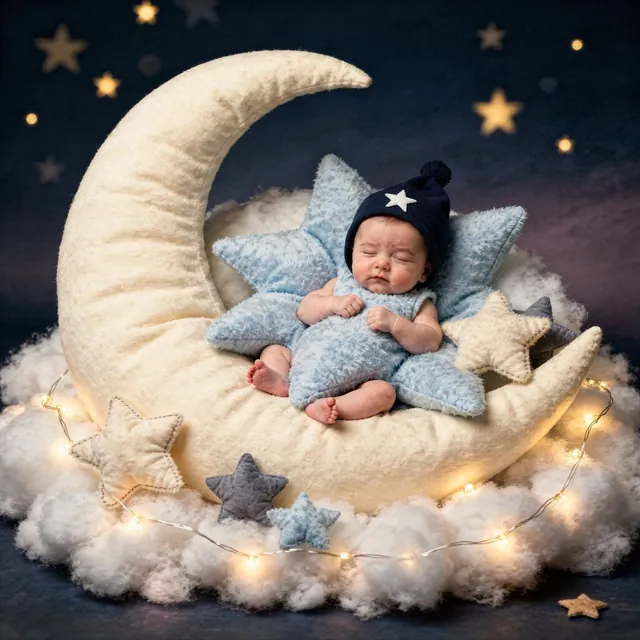 Sleeping baby in a blue star costume on a crescent moon with fairy lights (Theme: Moon & Stars Classic)