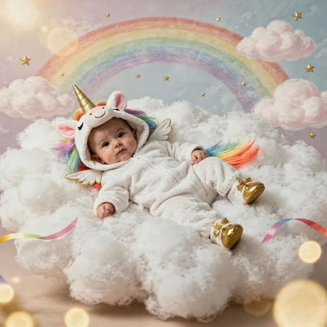 Baby in a unicorn costume on clouds in front of a rainbow (Theme: Rainbow Dreams)