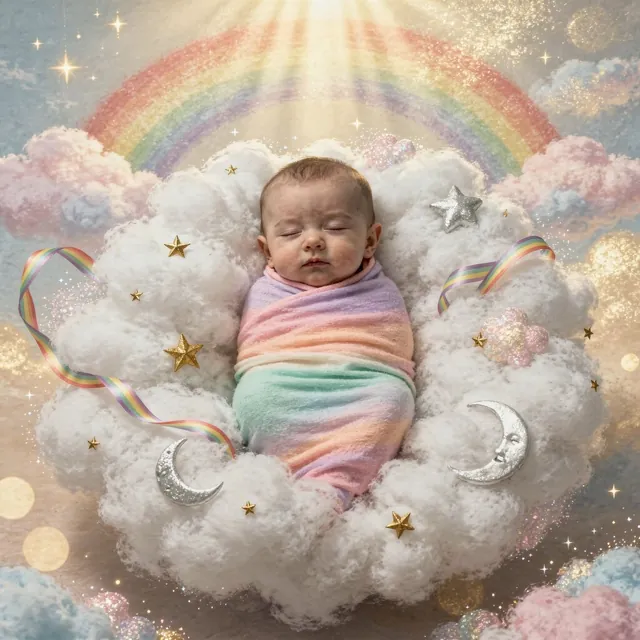 Sleeping baby in a rainbow blanket on a cloud (Theme: Rainbow Dreams)