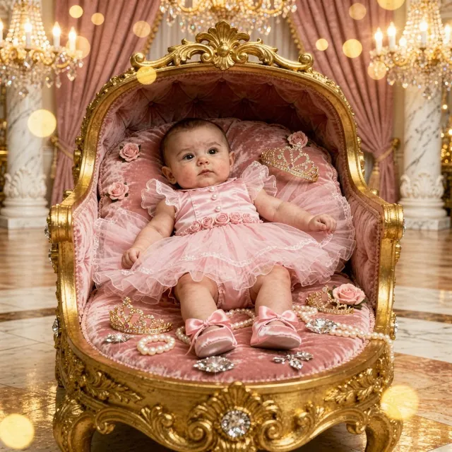 Baby in a pink tulle dress on a golden velvet chair (Theme: Royal Princess)