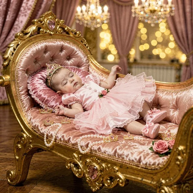 Sleeping baby with a tiara in a pink dress on a golden chaise longue (Theme: Royal Princess)