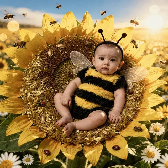 Baby in a bee costume in a large sunflower (Theme: Sunflower Field)
