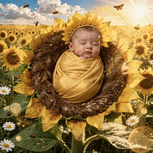 Sleeping baby wrapped in yellow in a sunflower field (Theme: Sunflower Field)