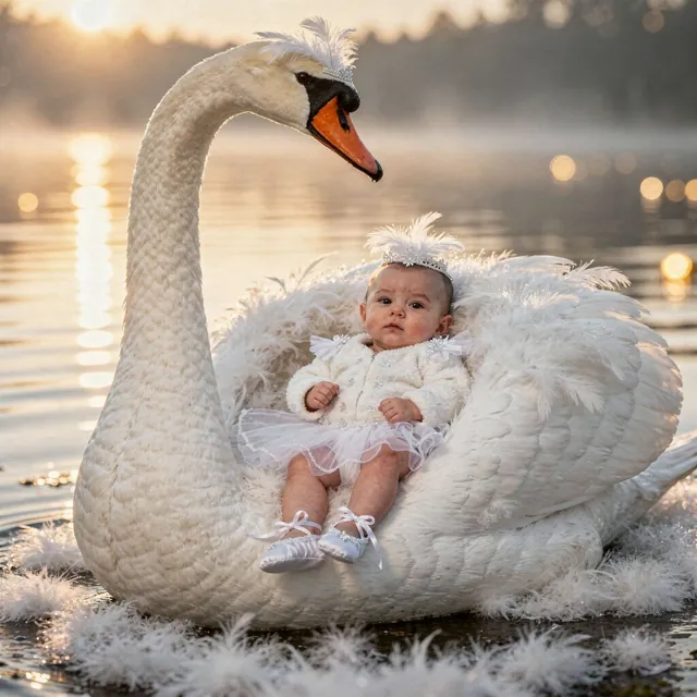 Baby in a white tutu in a swan on a lake (Theme: Swan Lake)