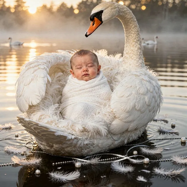 Sleeping baby wrapped in white between swan wings in the morning mist (Theme: Swan Lake)
