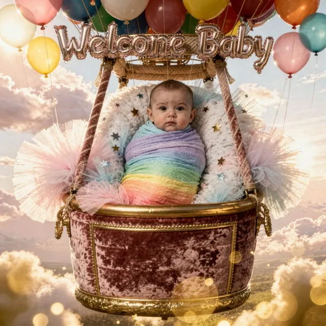 Baby in a rainbow blanket in a balloon basket with Welcome Baby lettering (Theme: Welcome Baby Balloons)
