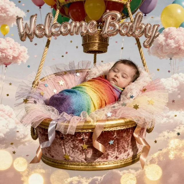 Sleeping baby in a rainbow blanket in a balloon basket above the clouds (Theme: Welcome Baby Balloons)