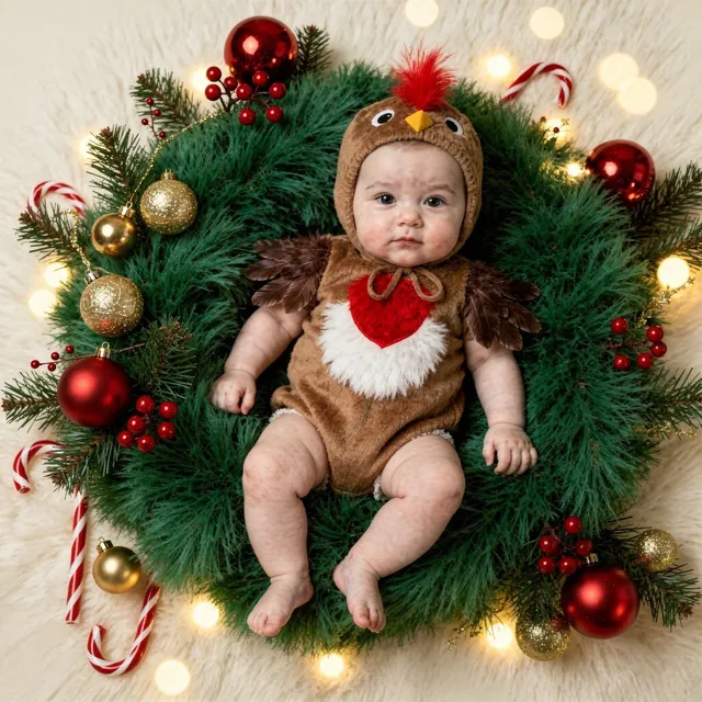 Baby in a Santa outfit surrounded by an advent wreath with baubles