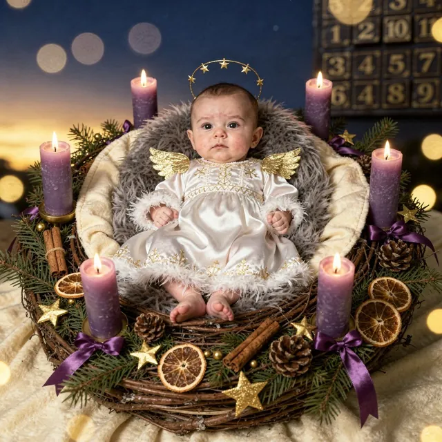 Awake baby in a Santa outfit in an advent scene