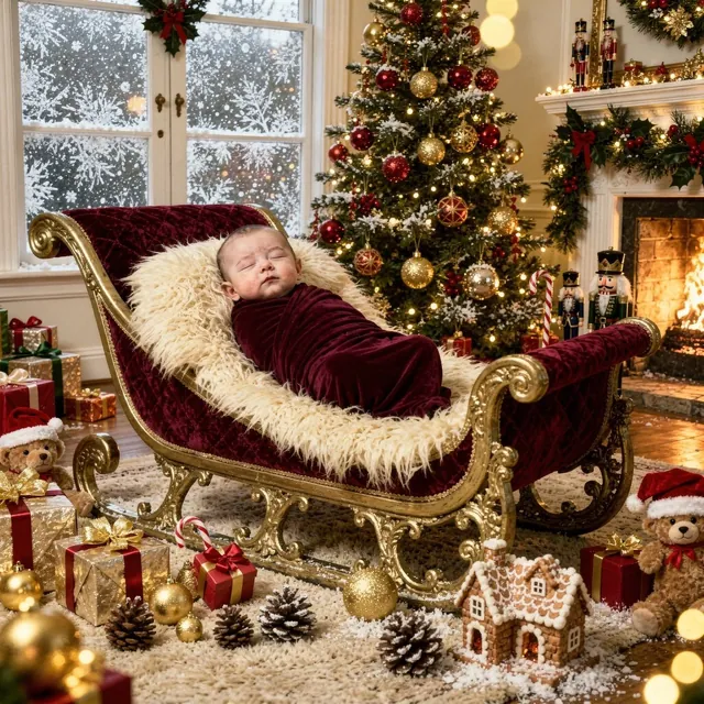 Sleeping baby in a cocoon under a Christmas tree