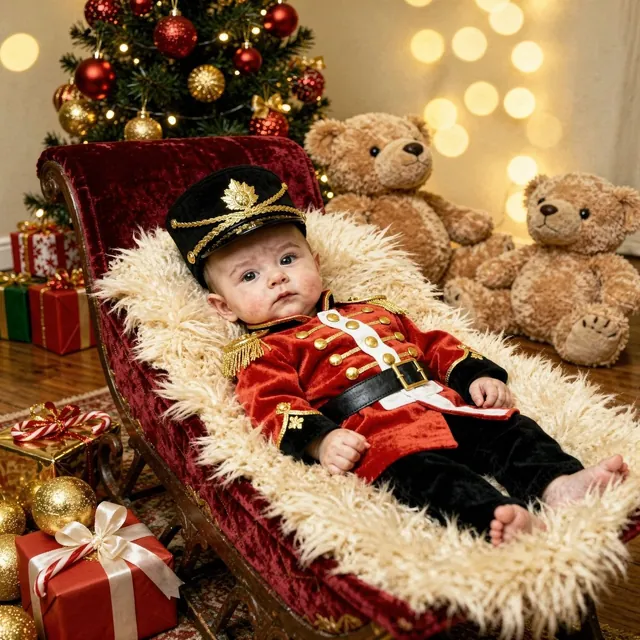 Baby in a Santa outfit in front of a decorated Christmas tree