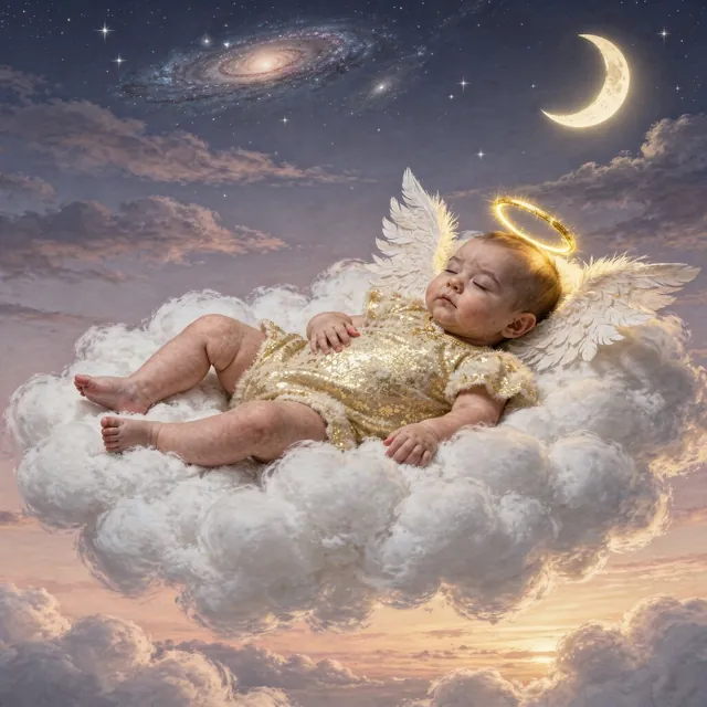 Sleeping baby with angel wings in front of moon and stars