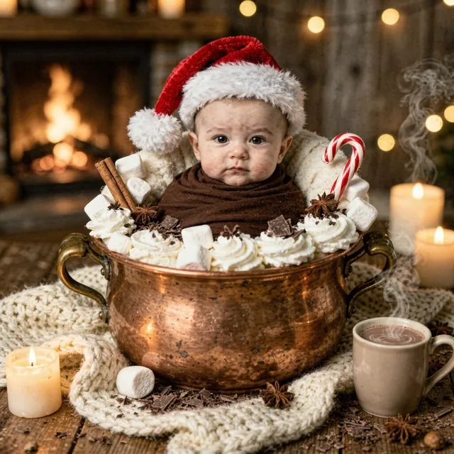 Awake baby in a cocoon with a Santa hat in a hot chocolate scene