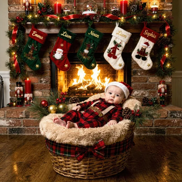 Awake baby in a Santa outfit in front of a fireplace