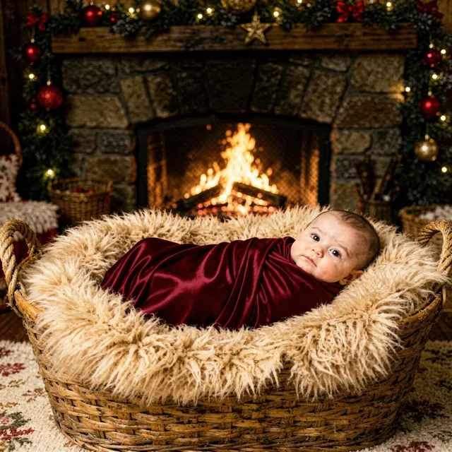 Baby in a cocoon in front of a lit fireplace
