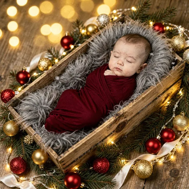 Sleeping baby in a cocoon among Christmas baubles