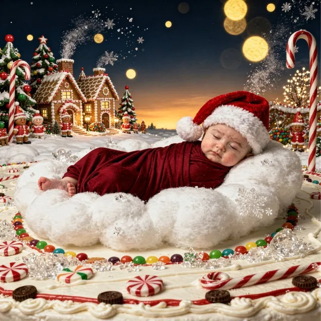 Sleeping baby in a cocoon in front of a gingerbread house