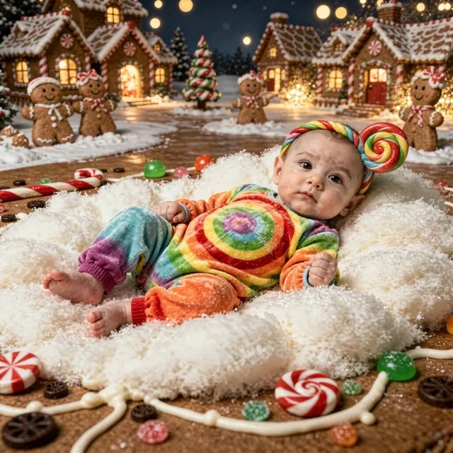 Awake baby in a Santa outfit in front of a gingerbread house