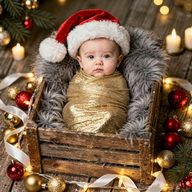 Baby in a cocoon among warm fairy lights and baubles