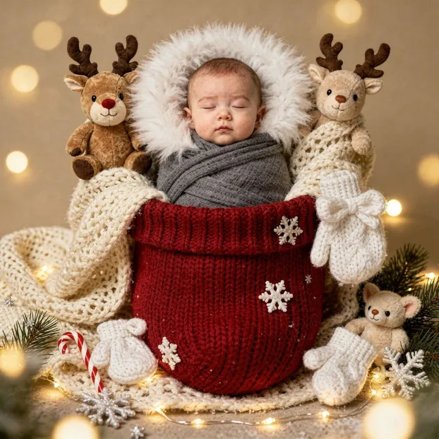 Sleeping baby in a cocoon beside a large Christmas stocking