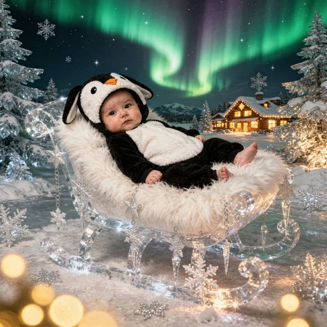 Awake baby in a Santa outfit in a North Pole scene