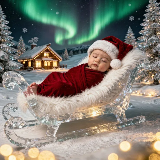 Sleeping baby in a cocoon in a wintry North Pole scene