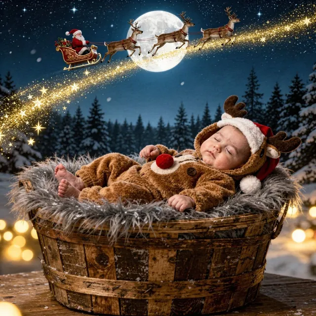 Sleeping baby in a reindeer outfit with a Santa hat