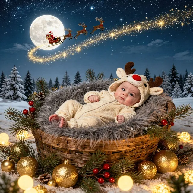 Awake baby in a reindeer outfit