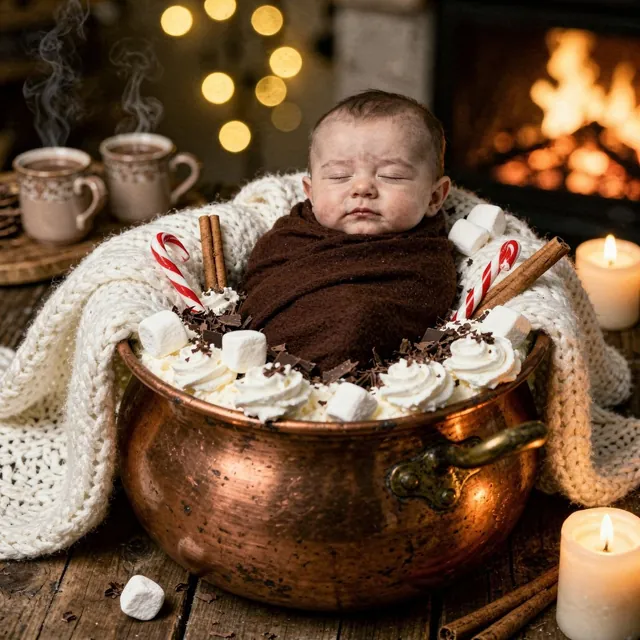 Sleeping baby in a cocoon in a cosy hot chocolate scene