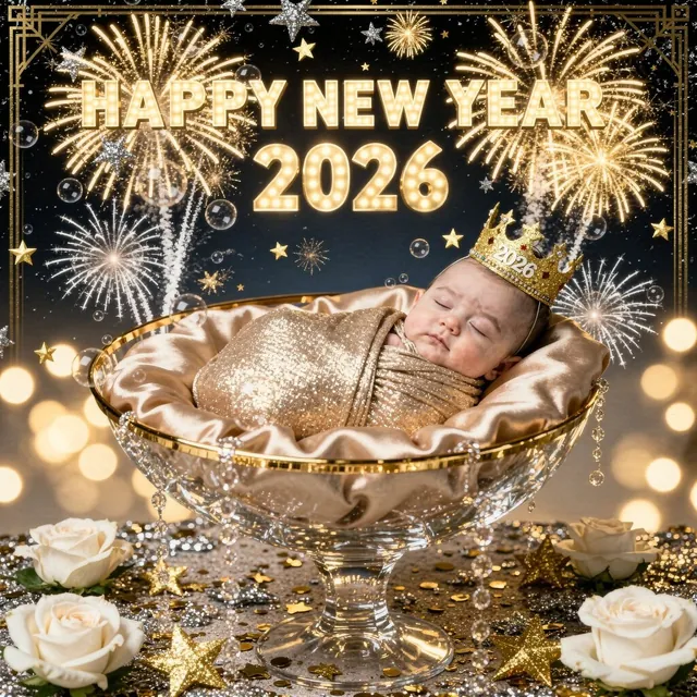 Sleeping baby in a cocoon in a New Year's scene