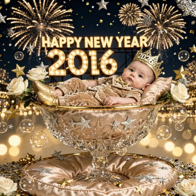 Awake baby in costume in a New Year's scene with lights
