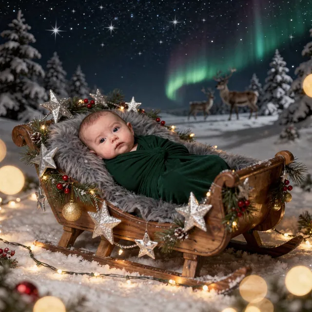 Awake baby in a cocoon under a starry sky