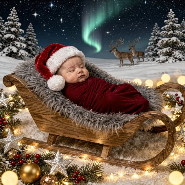 Sleeping baby in a cocoon under a starry sky