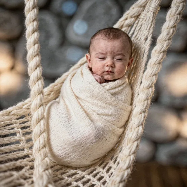 Sleeping baby in a knitted nest