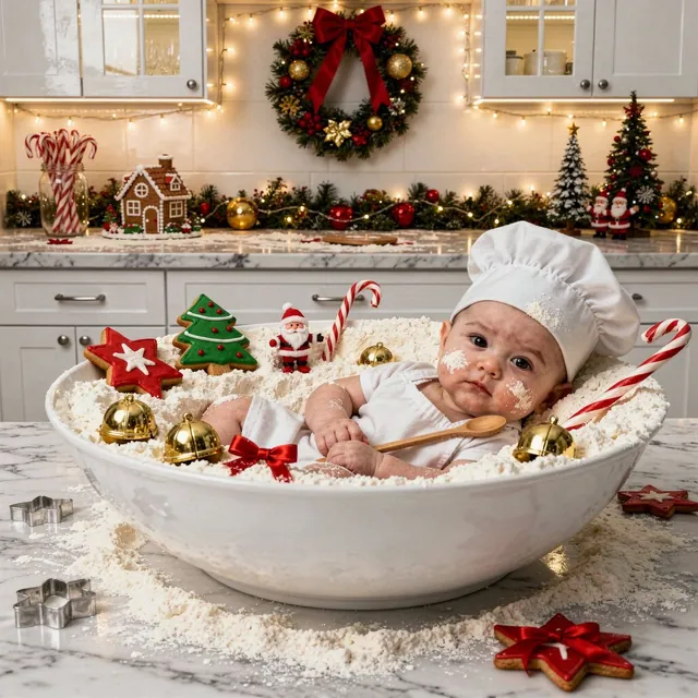 Awake baby in a Christmas bakery scene