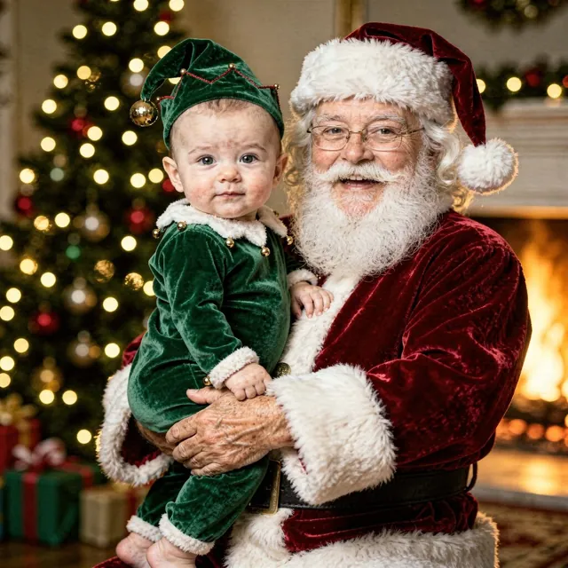 Awake baby in a red Santa outfit with hat