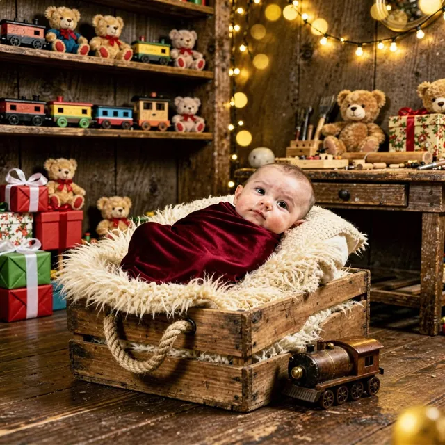 Awake baby in a cocoon in Santa's workshop